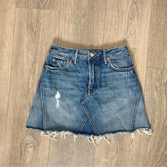 Revolve GRLFRND Eva Mini Denim Skirt A-Frame Gusset Distressed Medium Wash - Picture 2 of 13